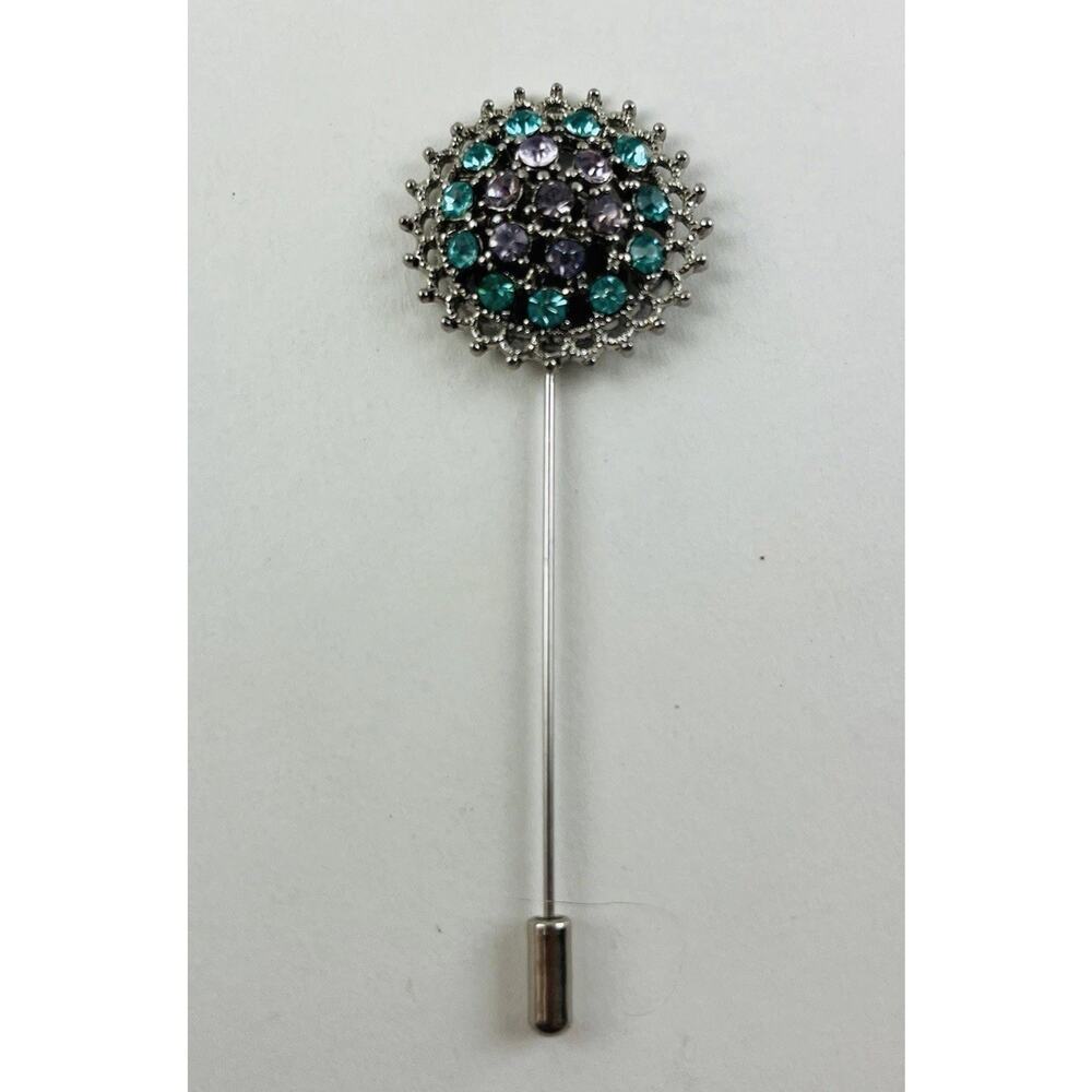 Vintage Blue Rhinestone Stick Pin Brooch Silver Tone Flower Cluster Clear Purple